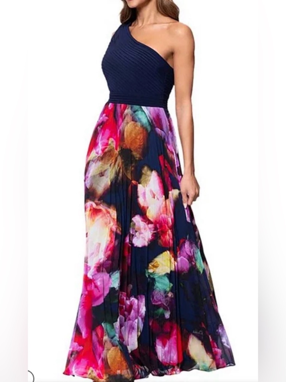 NWOT Xscape Floral Print One-Shoulder Neck Pleated Gown Dress  Sz 6  MRSP $278